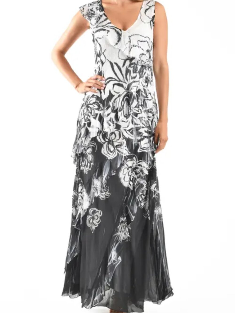 KOMAROV Ruffle Chiffon Cocktail Dress In Ebony Border. Sz: S